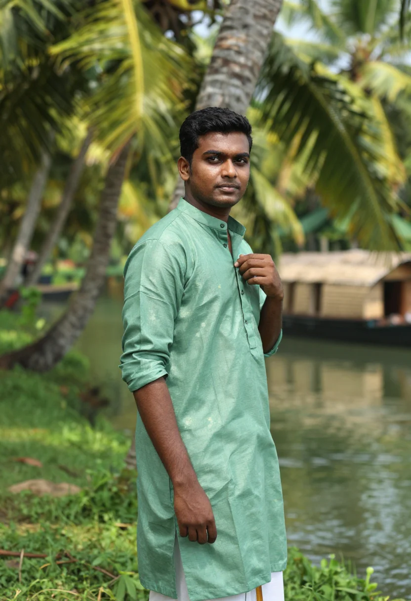 AI kerala backwaters november green sample — portrait of a man, chest-up portrait of a Malayali man in hi