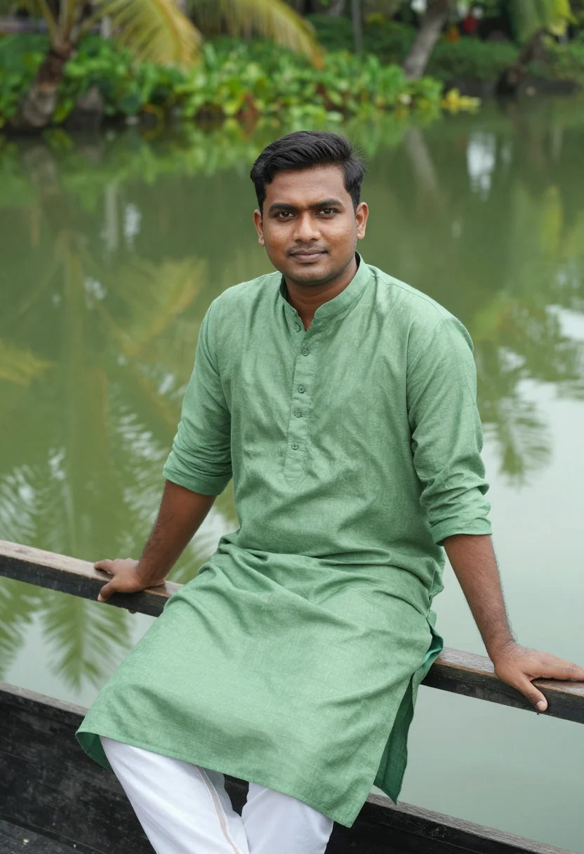 AI kerala backwaters november green sample — portrait of a man, half-length portrait of a Malayali man in