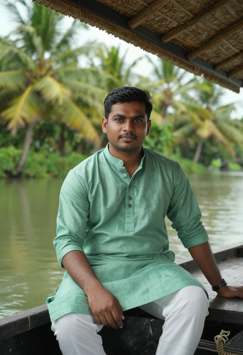 AI kerala backwaters november green sample — portrait of a man, half-length portrait of a Malayali man in