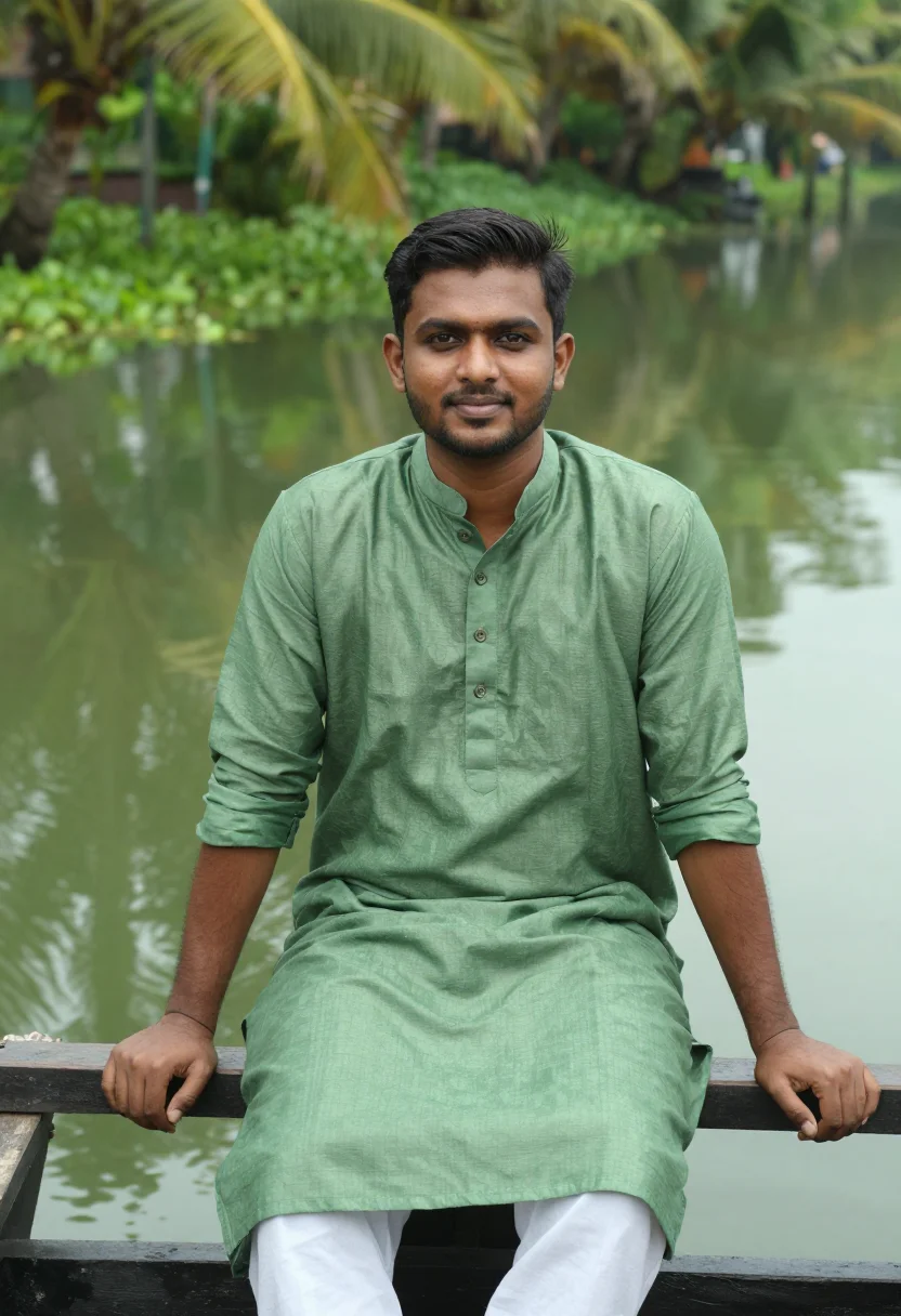 AI kerala backwaters november green sample — portrait of a man, chest-up portrait of a Malayali man in hi