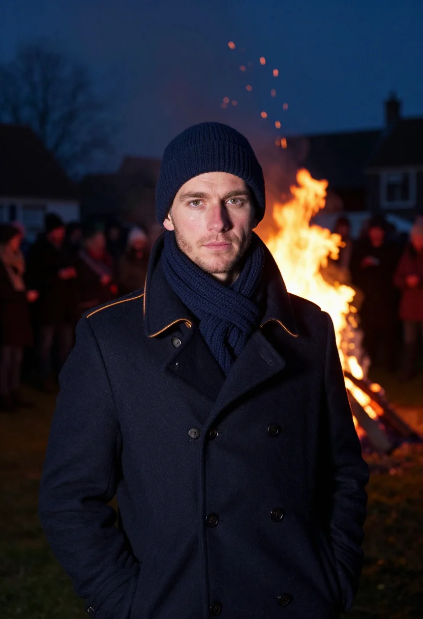 AI kerstboomverbranding twelfth night navy sample — portrait of a man, framed tight, head and shoulders, the bod