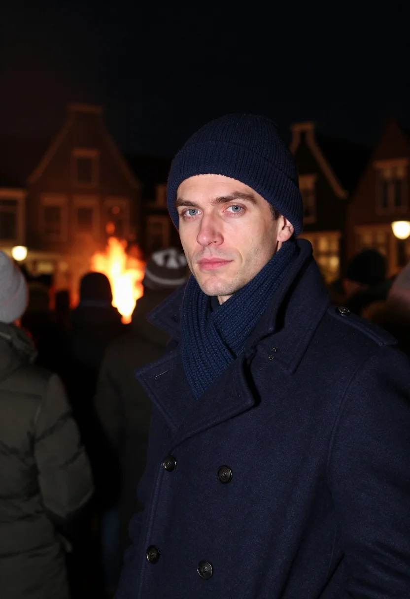 AI kerstboomverbranding twelfth night navy sample — portrait of a man, framed tight, head and shoulders, the bod
