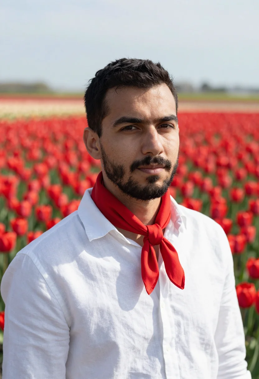 AI keukenhof lisse tulip fields april palette sample — portrait of a man, a traveller in his early forties with war