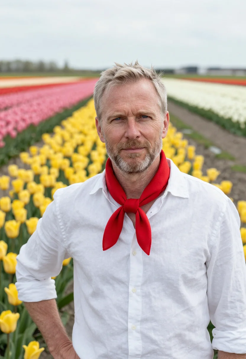 AI keukenhof lisse tulip fields april palette sample — portrait of a man, a Danish traveller in his early fifties w