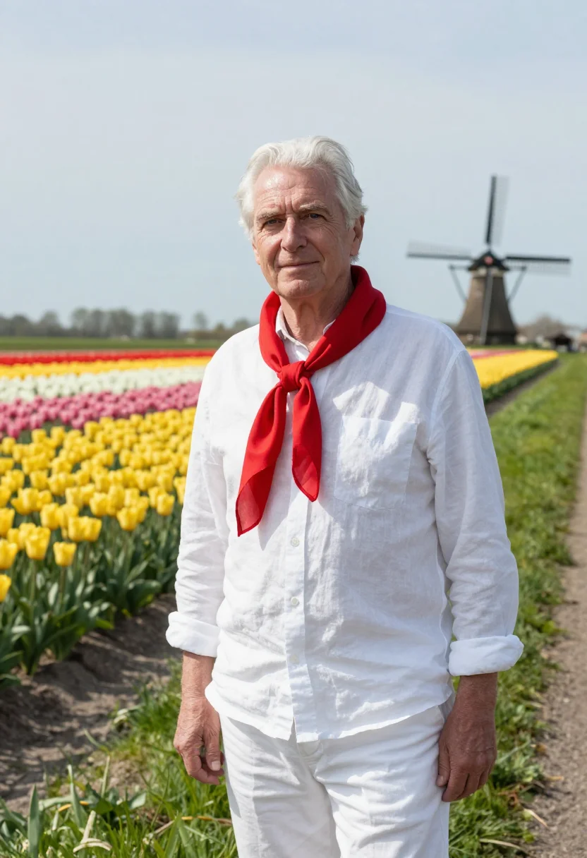 AI keukenhof lisse tulip fields april palette sample — portrait of a man, a traveller in his sixties with fair skin