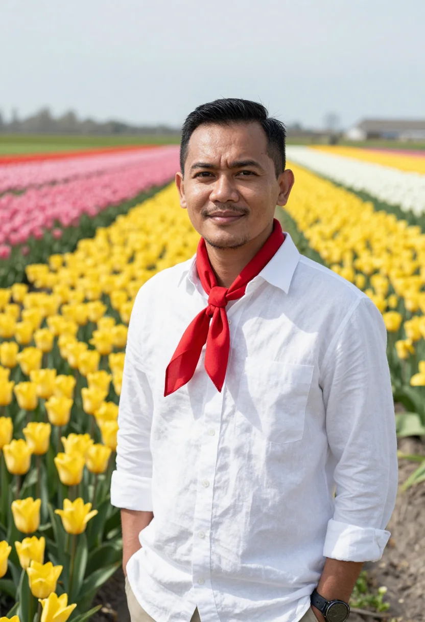 AI keukenhof lisse tulip fields april palette sample — portrait of a man, an Indonesian-Dutch traveller in his mid-