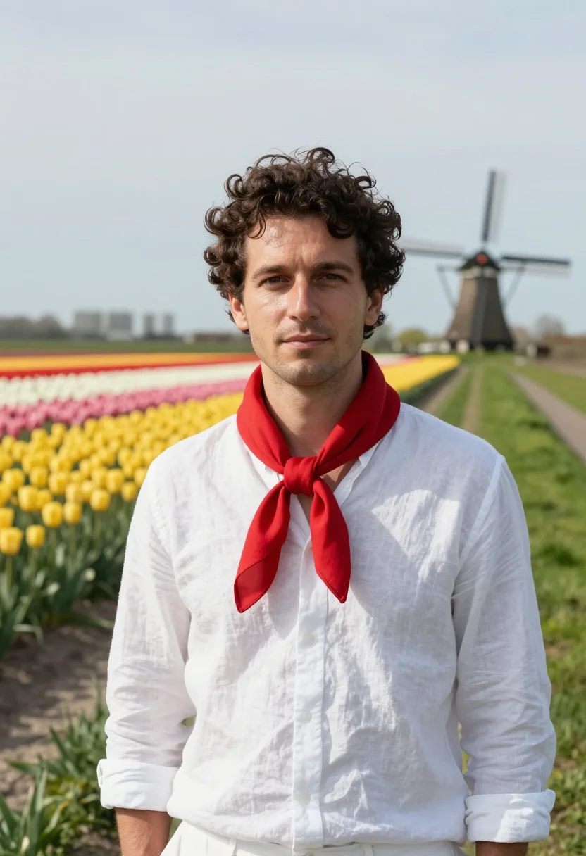 AI keukenhof lisse tulip fields april palette sample — portrait of a man, a traveller in his late thirties with gol