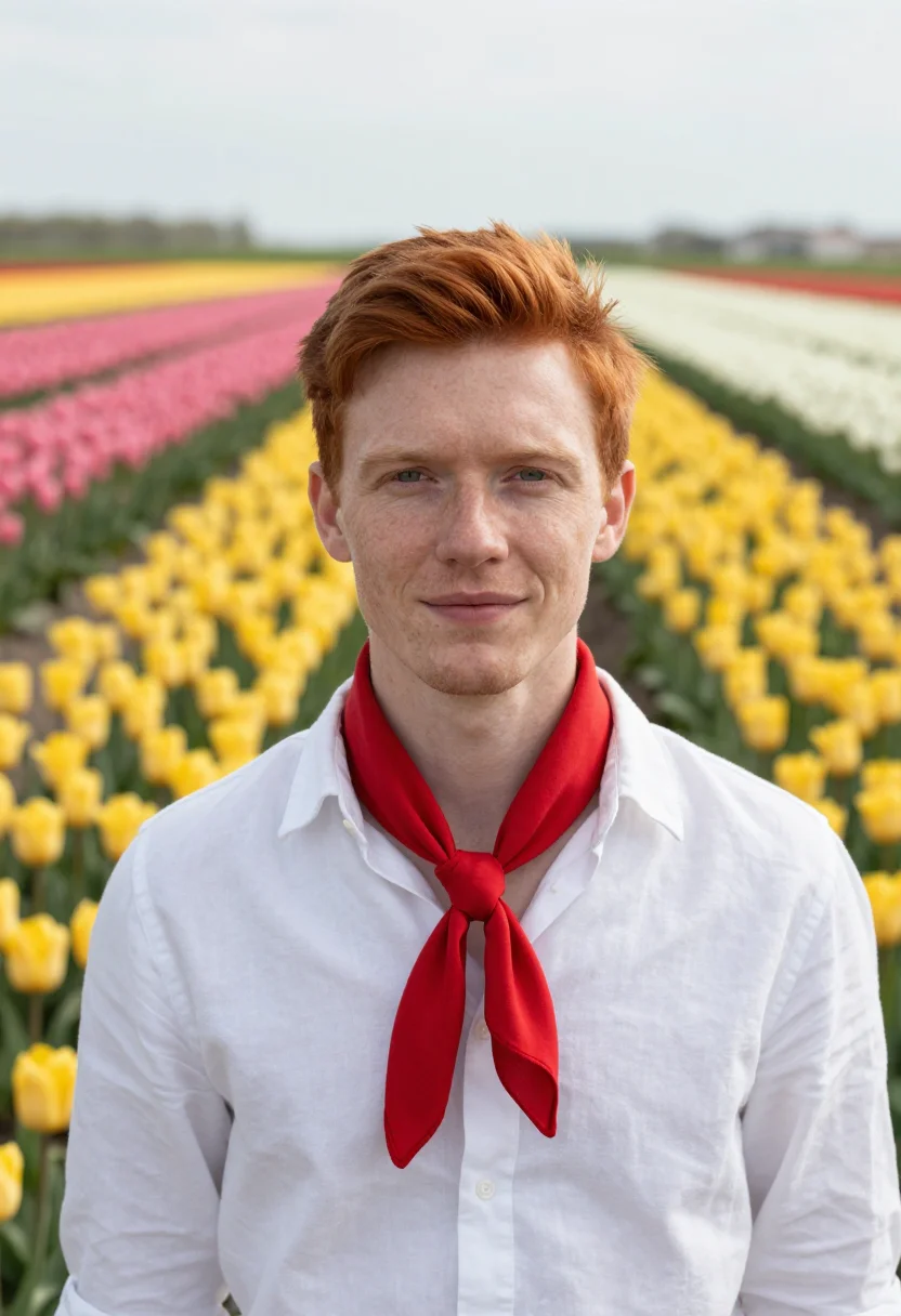 AI keukenhof lisse tulip fields april palette sample — portrait of a man, a traveller in his mid-twenties with pale