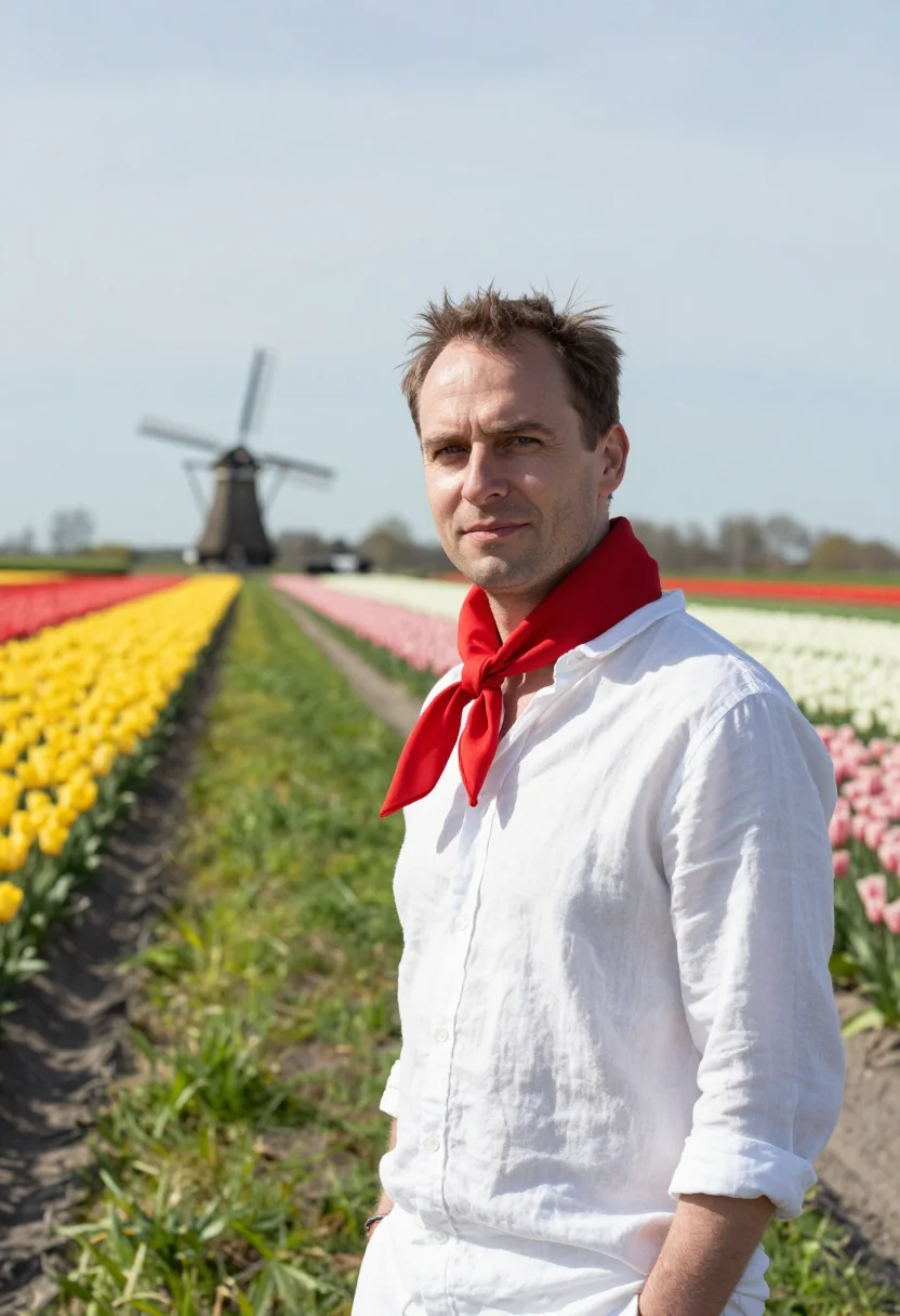 AI keukenhof lisse tulip fields april palette sample — portrait of a man, a traveller in his early forties with fai