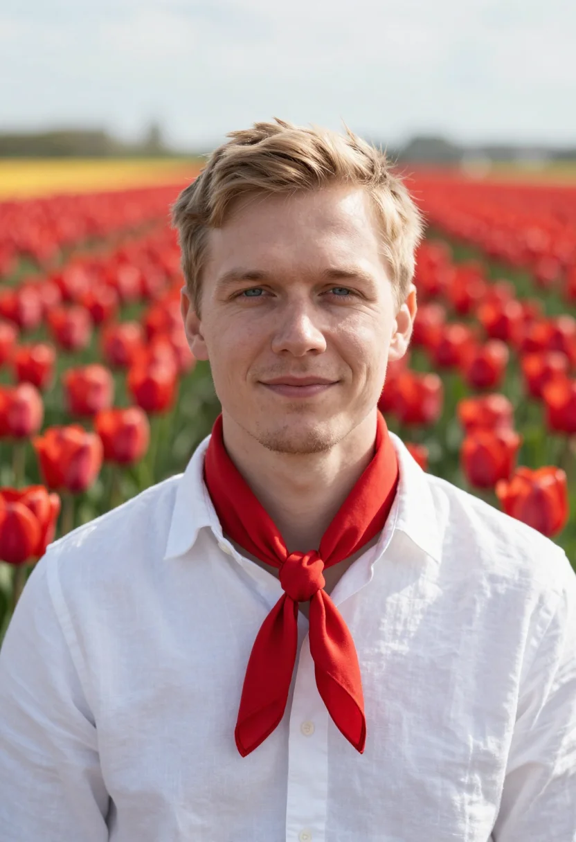 AI keukenhof lisse tulip fields april palette sample — portrait of a man, a Dutch traveller in his early thirties w