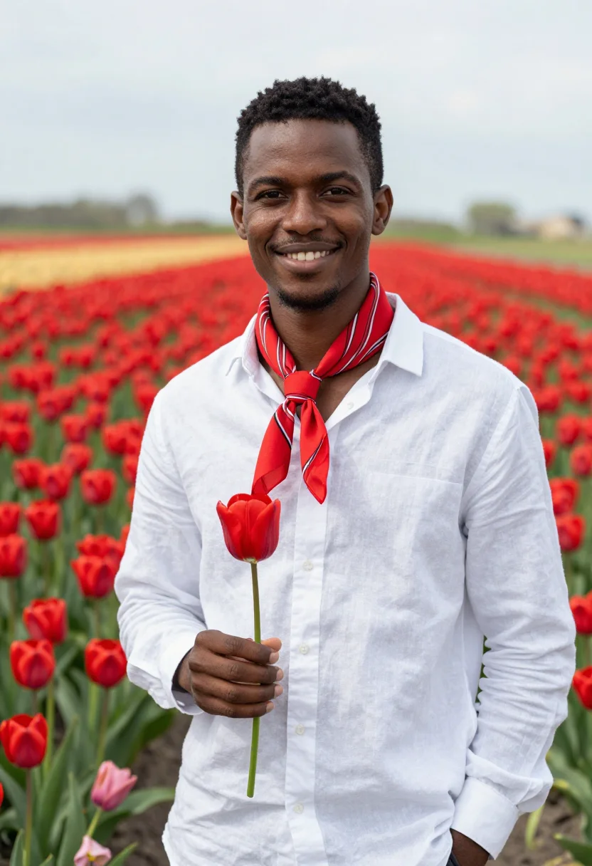 AI keukenhof lisse tulip fields april palette sample — portrait of a man, a Surinamese-Dutch traveller in his late
