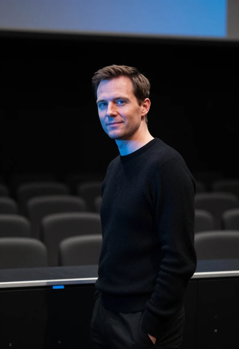 AI keynote stage black blue sample — portrait of a man, framed tight, head and shoulders, the bod