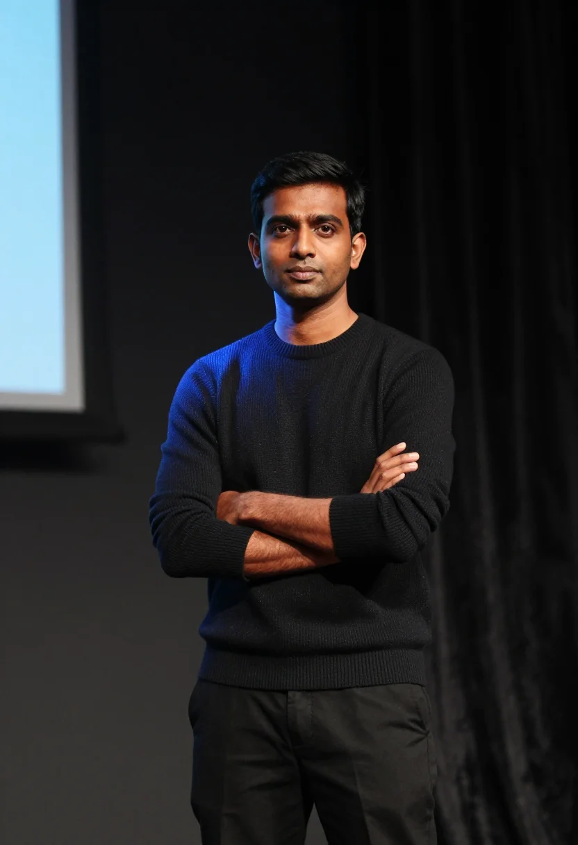 AI keynote stage black blue sample — portrait of a man, framed half-length from the crown to the