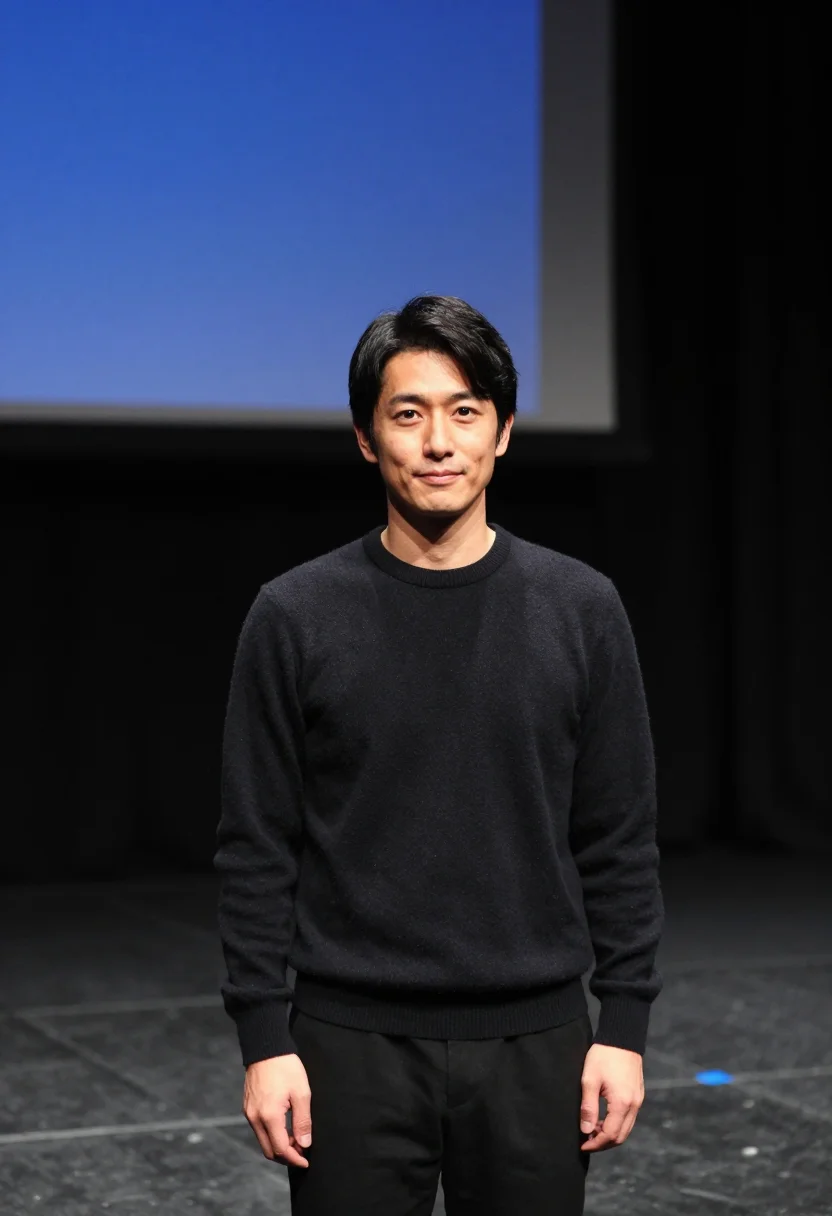 AI keynote stage black blue sample — portrait of a man, framed tight, head and shoulders, the bod