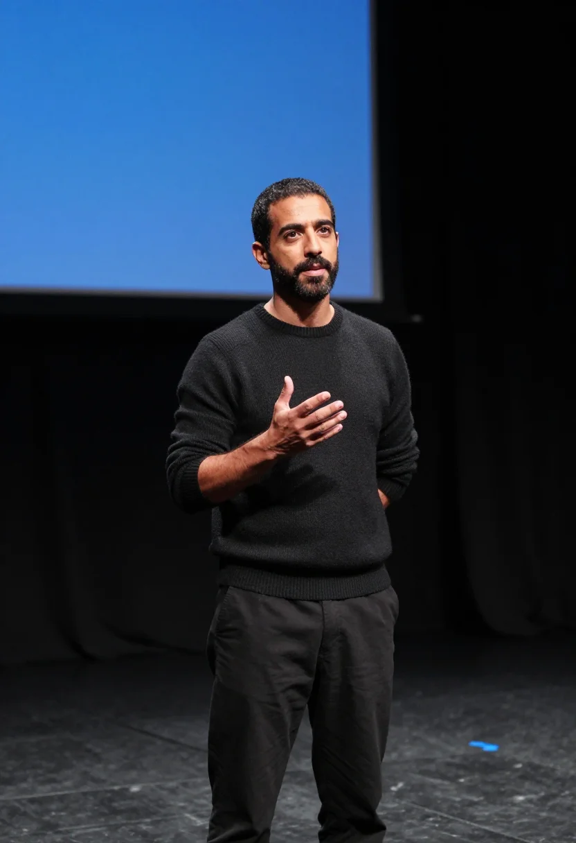 AI keynote stage black blue sample — portrait of a man, framed chest-up, the crop at the lower ri