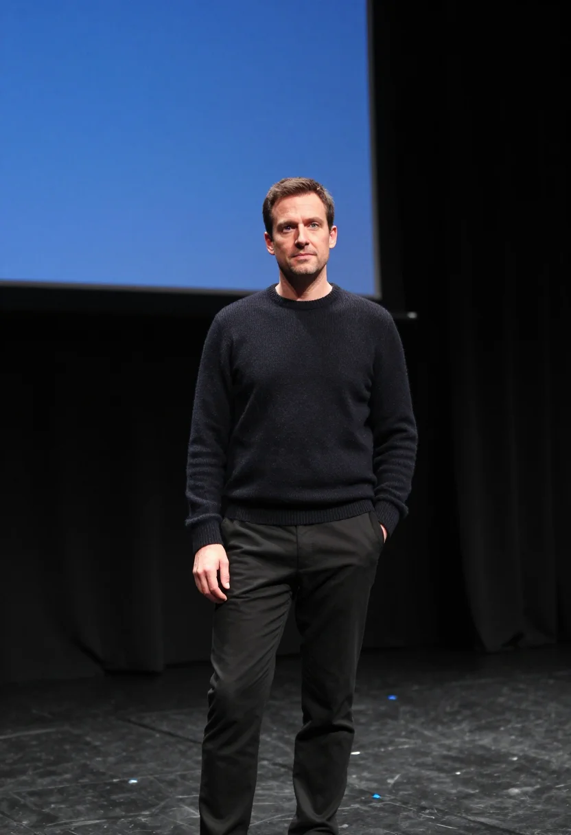 AI keynote stage black blue sample — portrait of a man, framed half-length from the crown to the