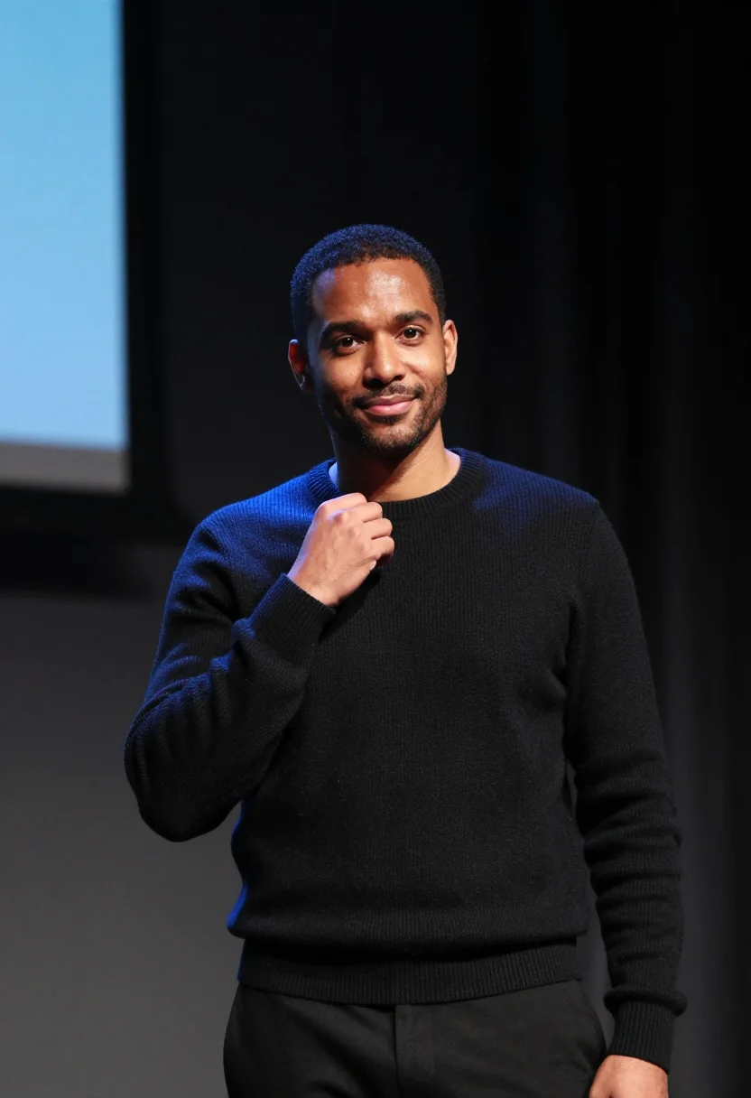 AI keynote stage black blue sample — portrait of a man, framed chest-up, the crop at the lower ri