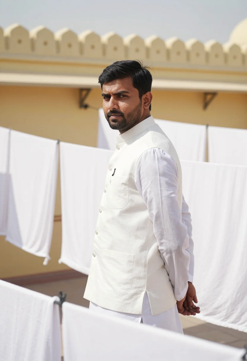 AI khadi white sample — portrait of a man, waist-up portrait of a South-Asian man wi