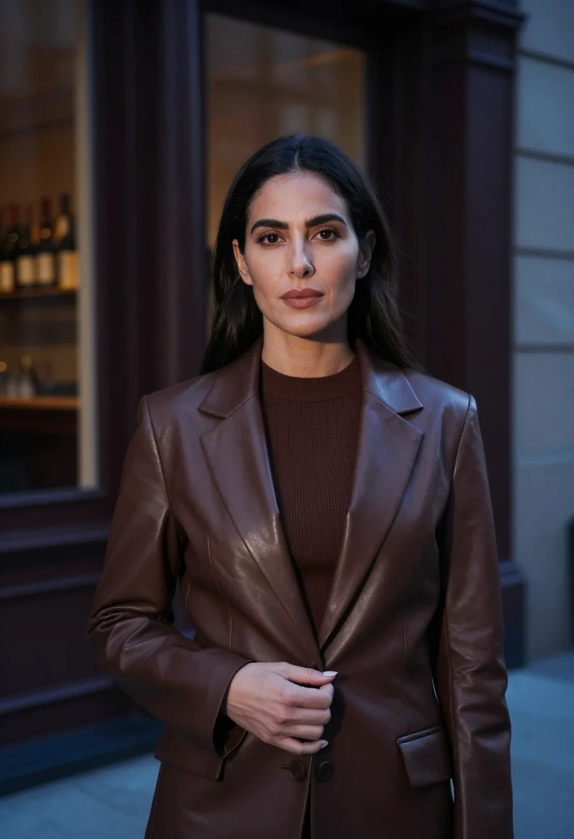 AI khaite soho leather blazer chocolate sample — portrait of a woman, a Greek-American woman in her mid-thirt