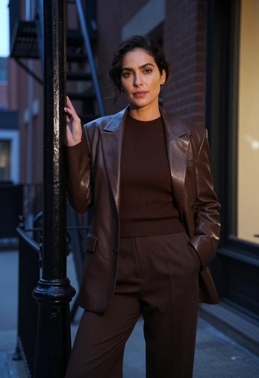 AI khaite soho leather blazer chocolate sample — portrait of a woman, an Italian woman in her late thirties w