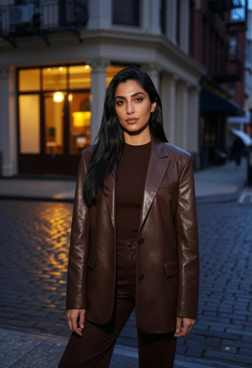 AI khaite soho leather blazer chocolate sample — portrait of a woman, an Iranian-American woman in her early
