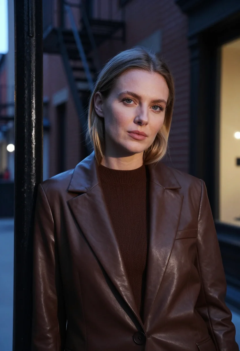 AI khaite soho leather blazer chocolate sample — portrait of a woman, a Russian-American woman in her early t