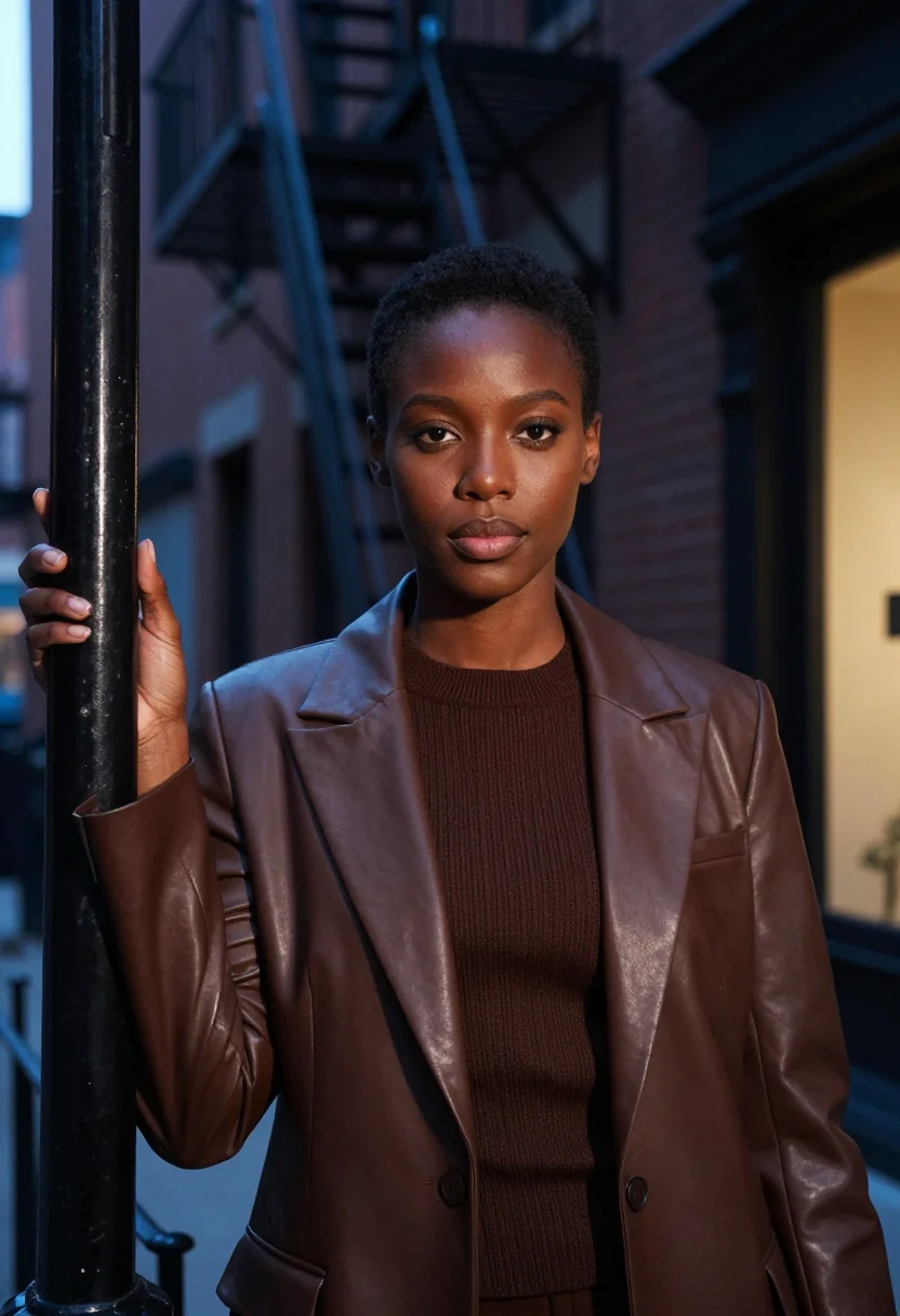 AI khaite soho leather blazer chocolate sample — portrait of a woman, a Nigerian-American woman in her early