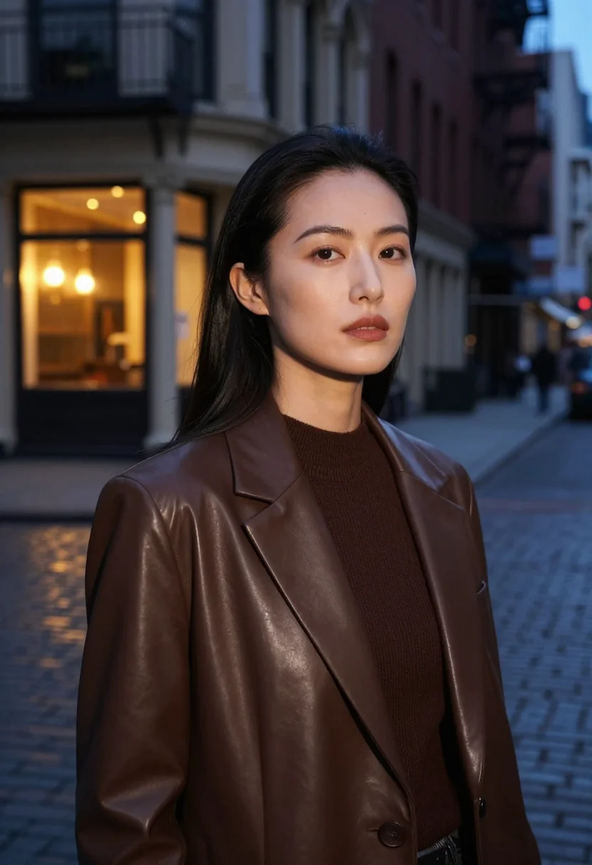 AI khaite soho leather blazer chocolate sample — portrait of a woman, a Chinese-American woman in her late tw