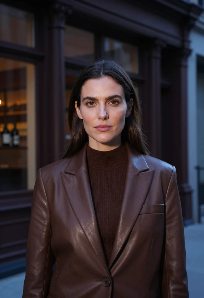 AI khaite soho leather blazer chocolate sample — portrait of a woman, an American woman in her early thirties
