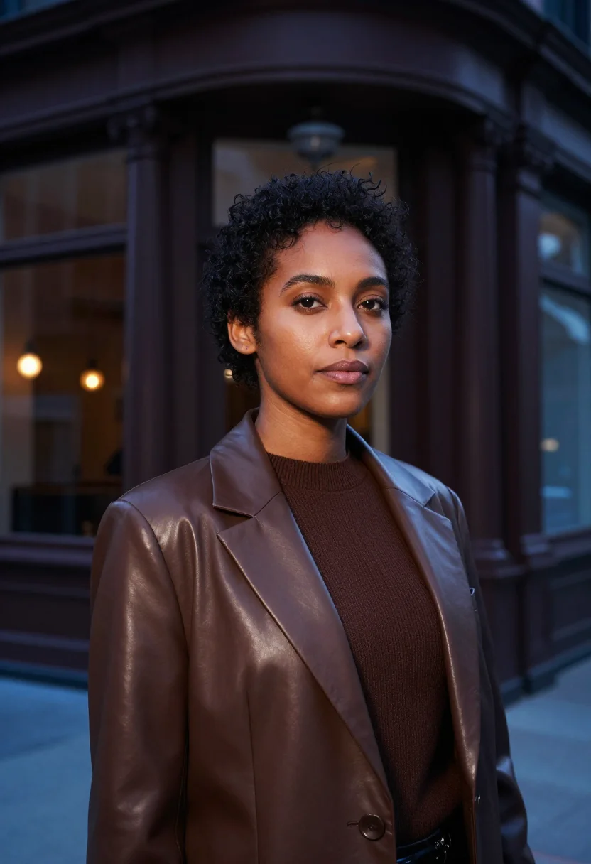 AI khaite soho leather blazer chocolate sample — portrait of a woman, a Dominican-American woman in her late