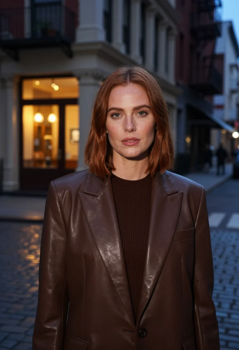 AI khaite soho leather blazer chocolate sample — portrait of a woman, a French woman in her mid-thirties with