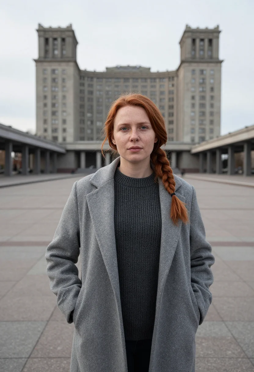AI kharkiv engineer constructivist concrete sample — portrait of a woman, framed half-length from the head to the