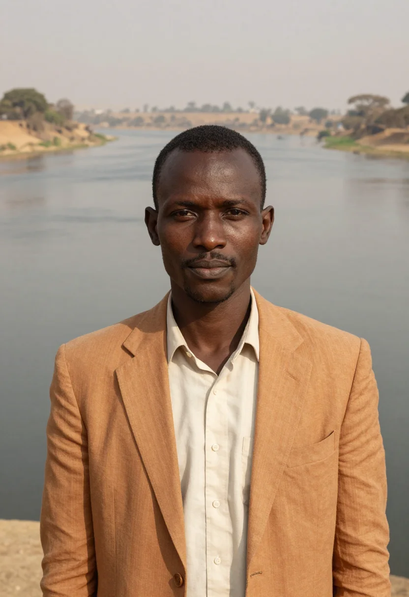 AI khartoum architect nile confluence ochre sample — portrait of a man, a South Sudanese architect in his early t