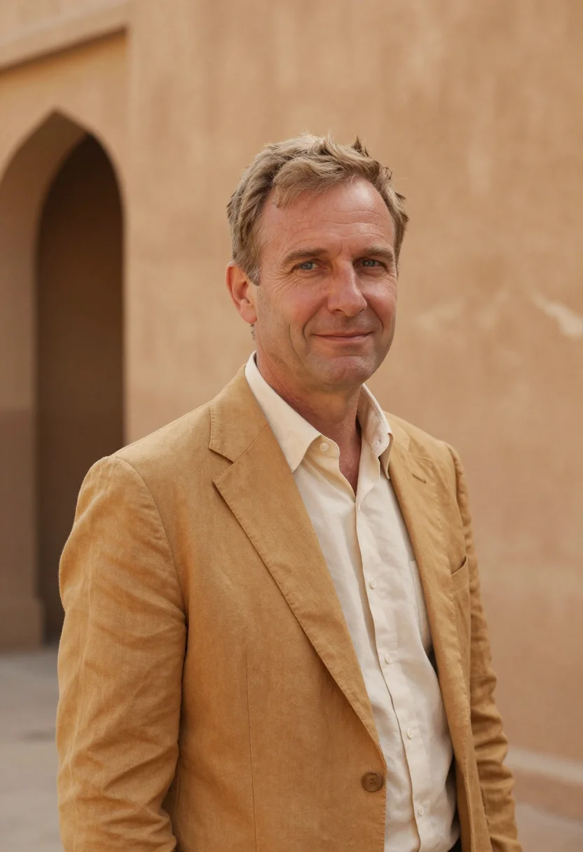 AI khartoum architect nile confluence ochre sample — portrait of a man, a British architect in his late forties w