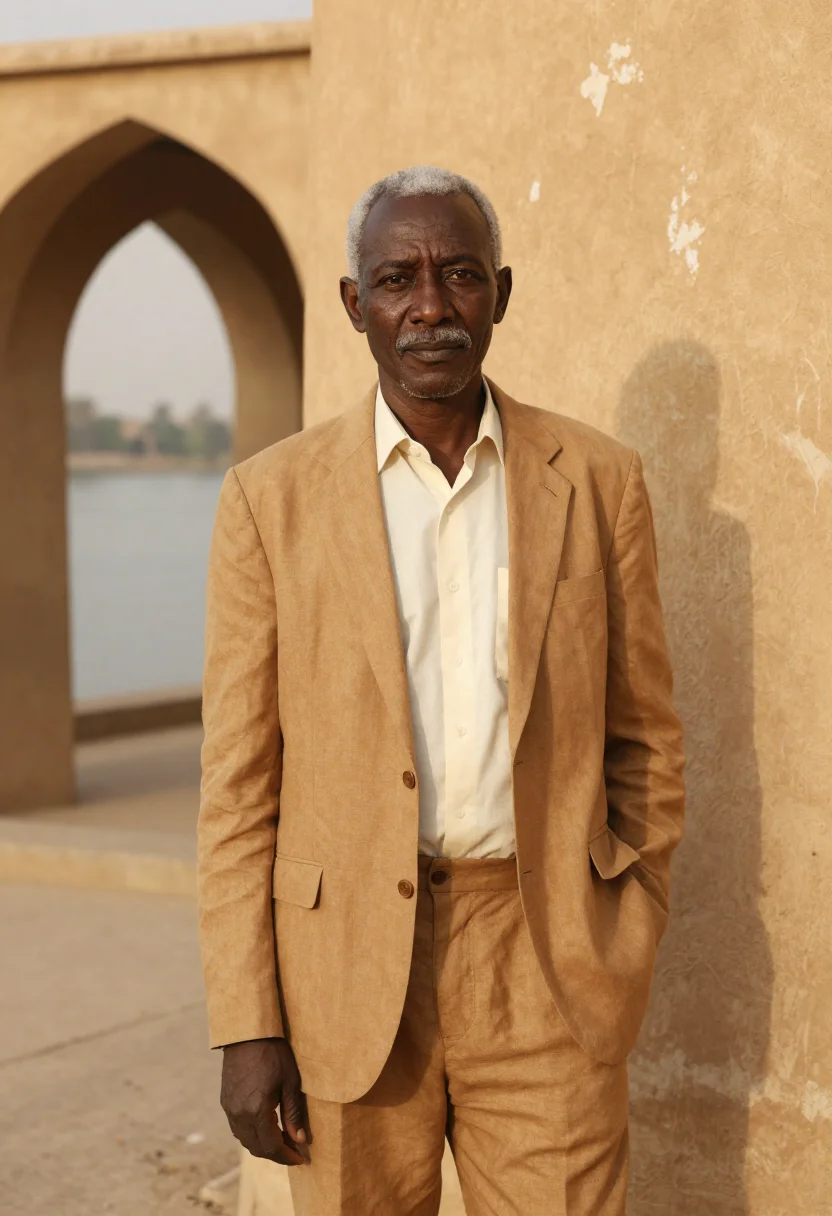 AI khartoum architect nile confluence ochre sample — portrait of a man, a Nubian architect in his late fifties wi