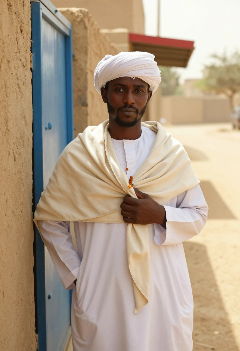 AI khartoum jalabiya sample — portrait of a man, waist-up portrait of a Sudanese man in hi