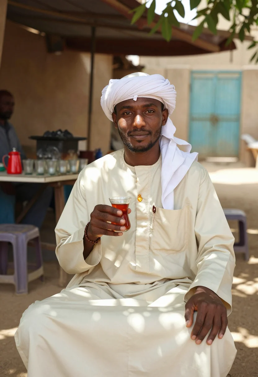 AI khartoum jalabiya sample — portrait of a man, chest-up seated portrait of a Sudanese ma