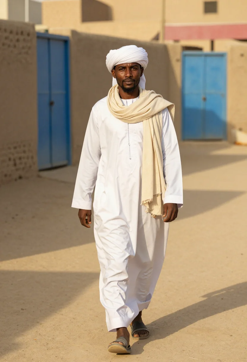 AI khartoum jalabiya sample — portrait of a man, full-length walking portrait of a Sudanes