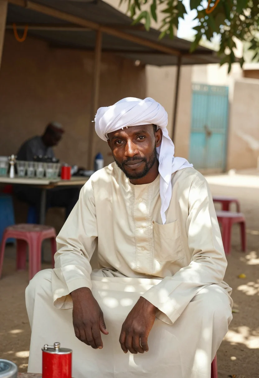 AI khartoum jalabiya sample — portrait of a man, waist-up seated portrait of a Sudanese ma