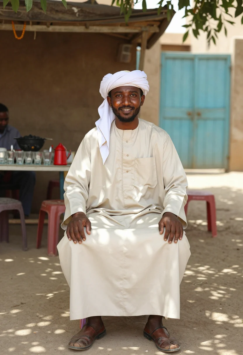 AI khartoum jalabiya sample — portrait of a man, three-quarter-length seated portrait of a