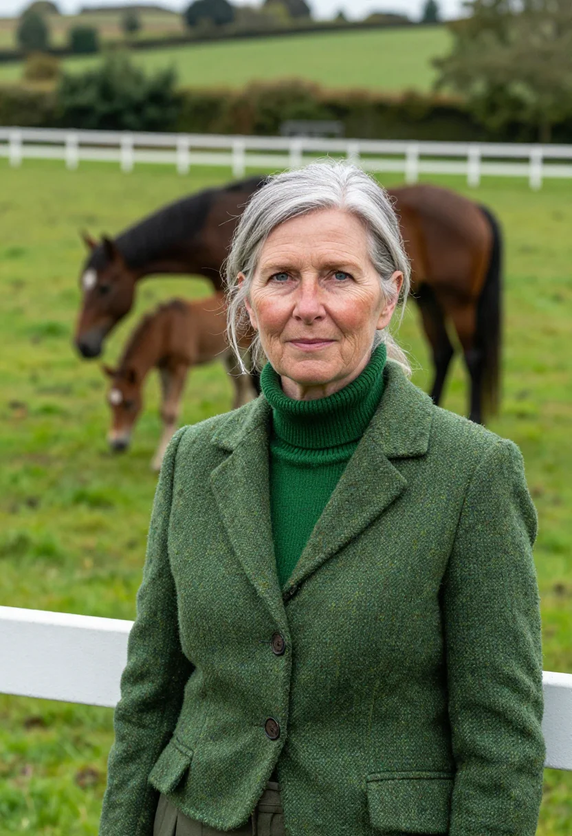 AI kildare stud manager irish green sample — portrait of a woman, framed tight, head and shoulders, the b