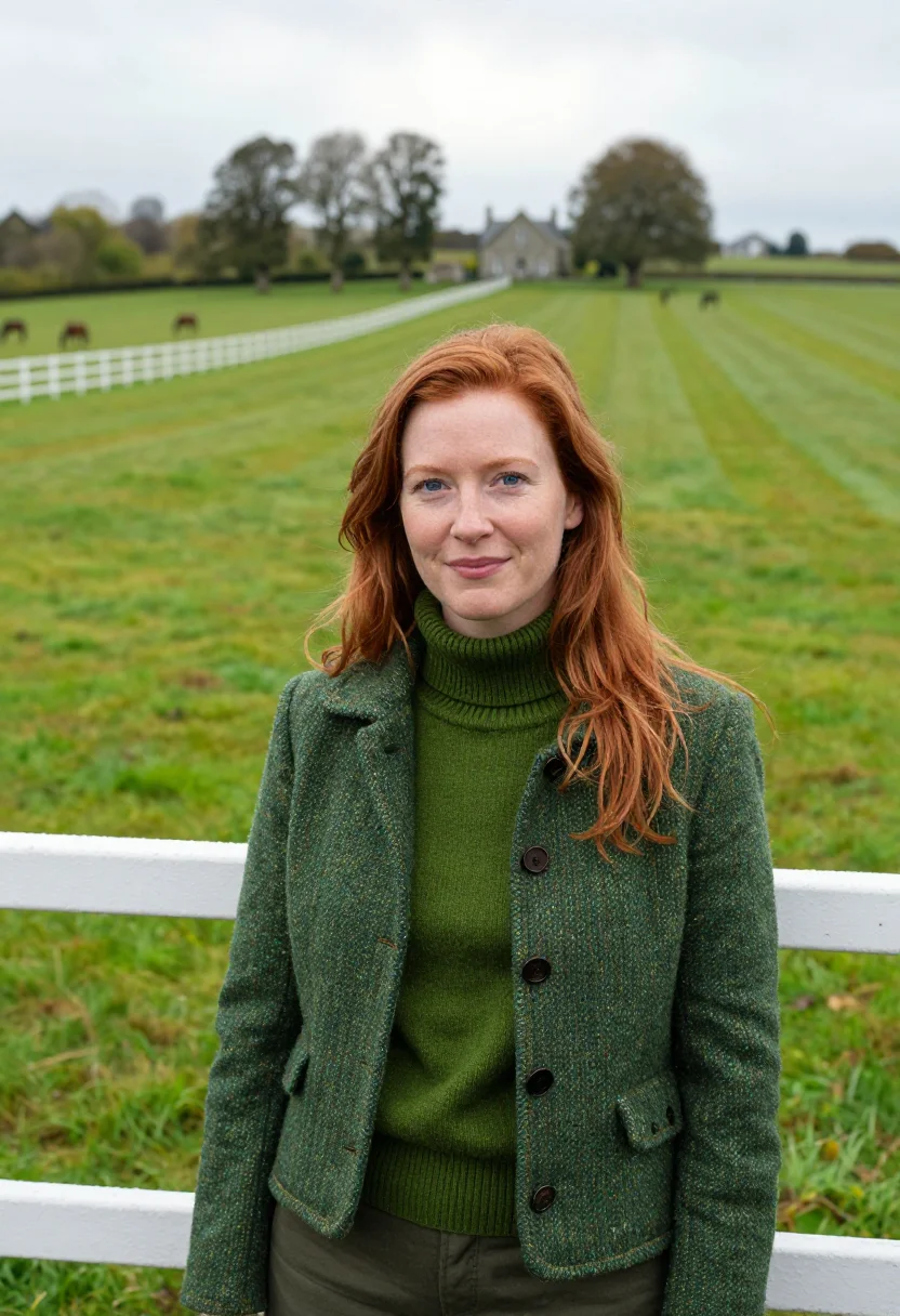 AI kildare stud manager irish green sample — portrait of a woman, framed tight, head and shoulders, the b