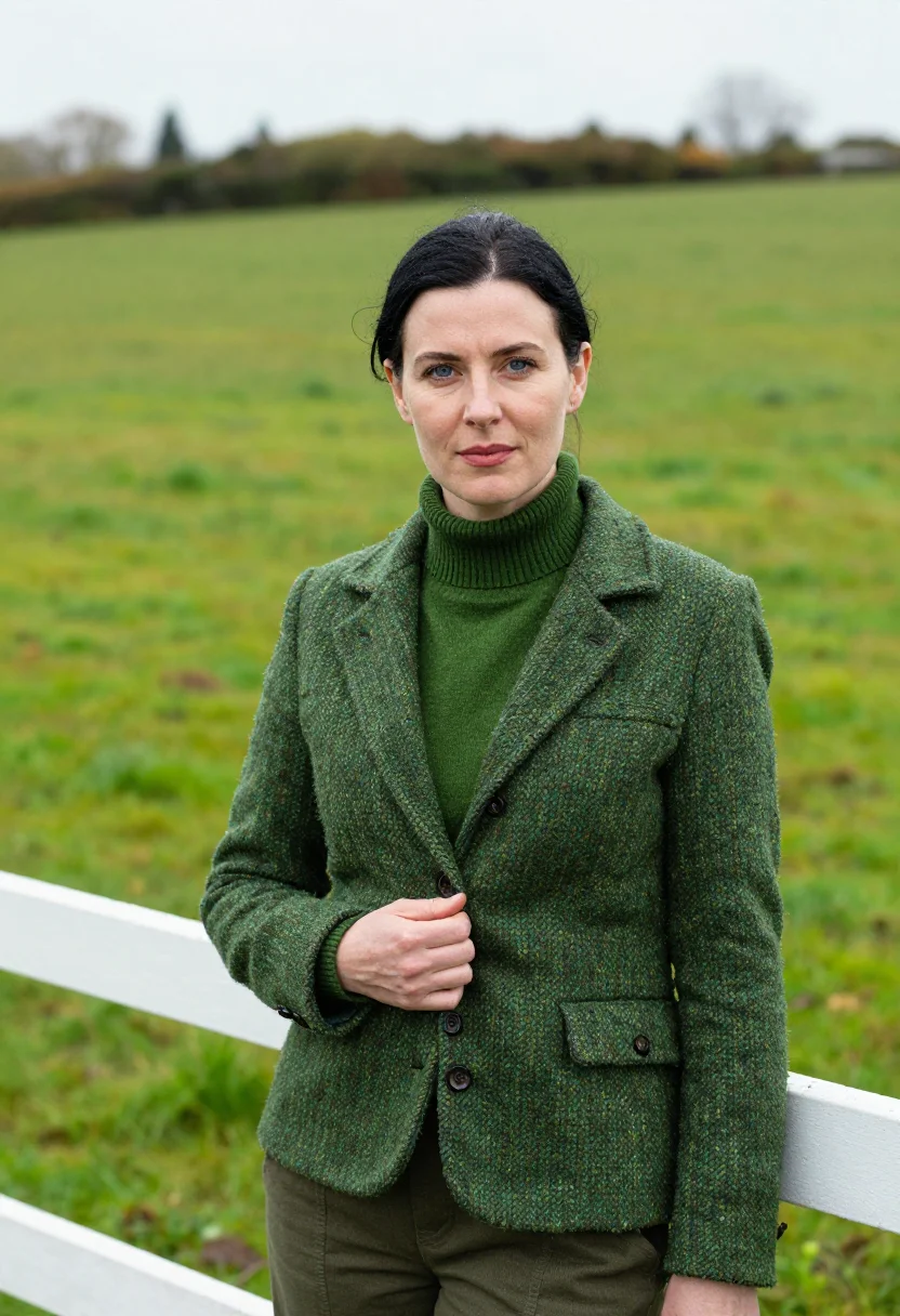 AI kildare stud manager irish green sample — portrait of a woman, framed chest-up from the head to mid-ch