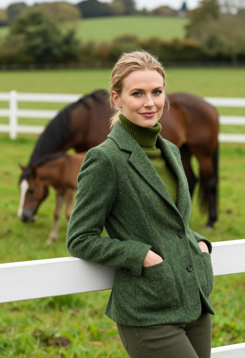 AI kildare stud manager irish green sample — portrait of a woman, framed chest-up from the head to mid-ch