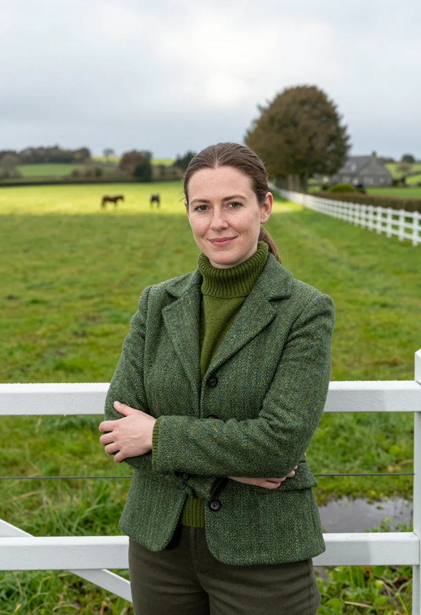 AI kildare stud manager irish green sample — portrait of a woman, framed chest-up from the head to mid-ch