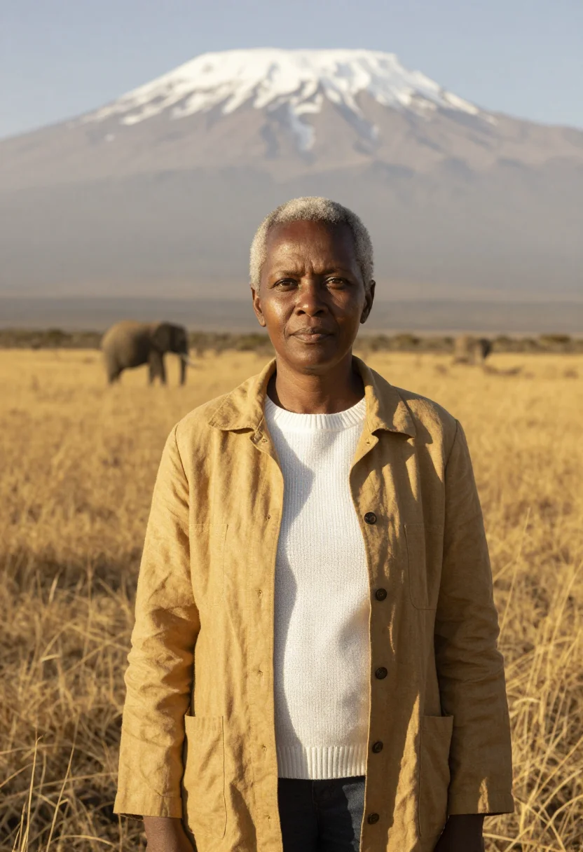 AI kilimanjaro glaciologist snow equator sample — portrait of a woman, a Tanzanian glaciologist in her mid-fif
