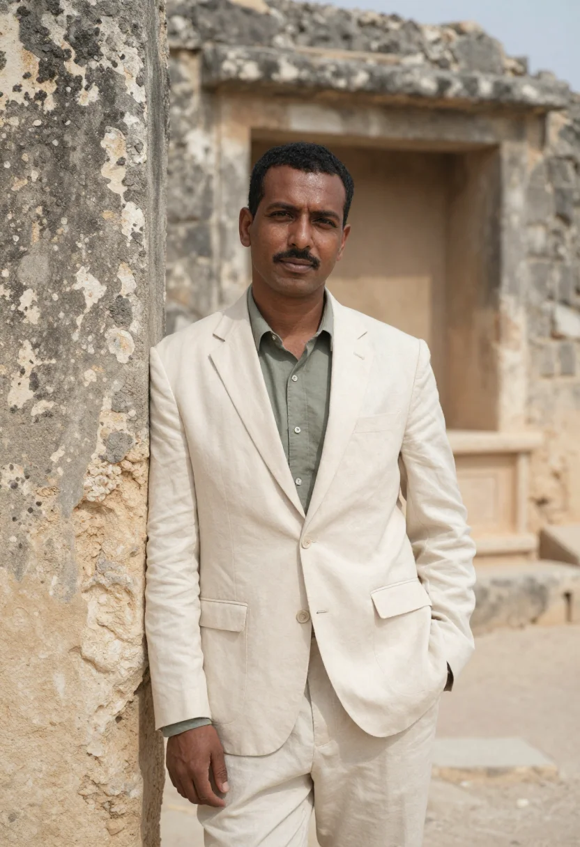 AI kilwa archaeologist coral ruin mangrove sample — portrait of a man, an archaeologist in his late thirties wit