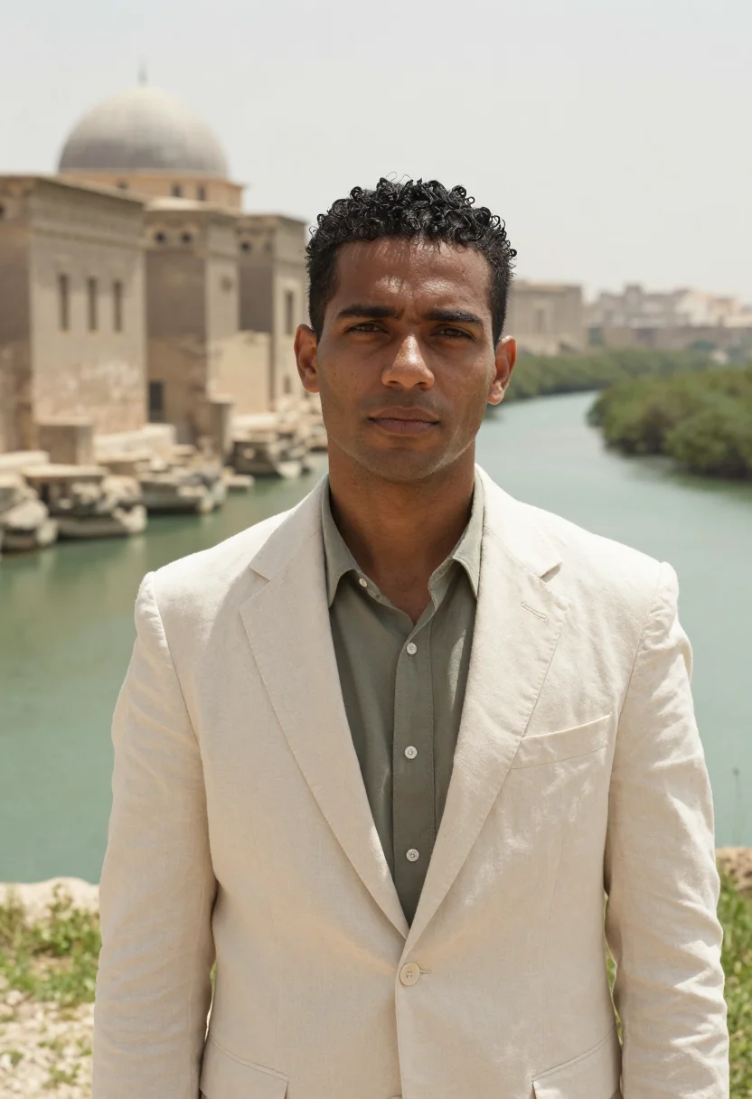 AI kilwa archaeologist coral ruin mangrove sample — portrait of a man, an archaeologist in his mid-thirties with