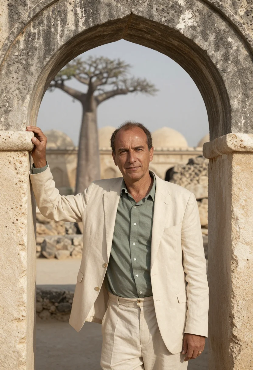 AI kilwa archaeologist coral ruin mangrove sample — portrait of a man, an archaeologist in his mid-fifties with