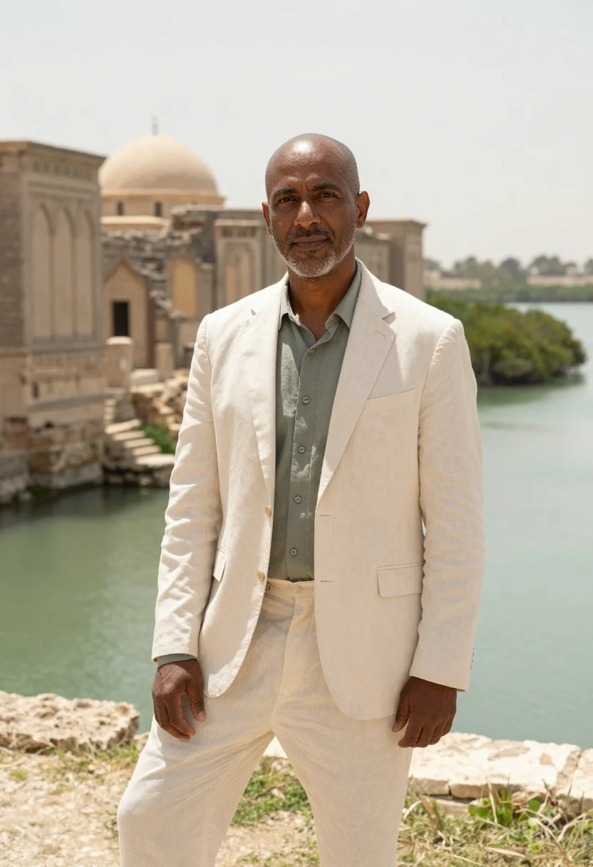AI kilwa archaeologist coral ruin mangrove sample — portrait of a man, an archaeologist in his early fifties wit